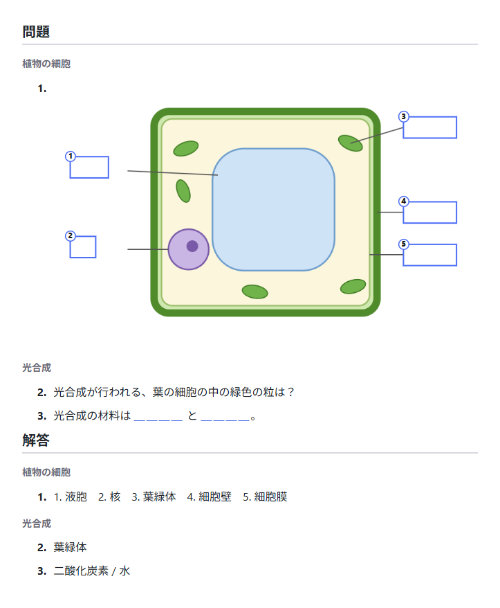 刷り上がりの例。問題には通し番号が付き、解答は同じ番号で巻末にまとまる